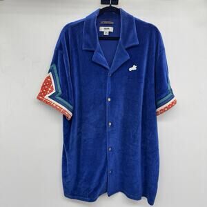 AKOO Men's Santorini Terry Cloth Button Up Camp Shirt Sz 2XL Blue Hawaiian